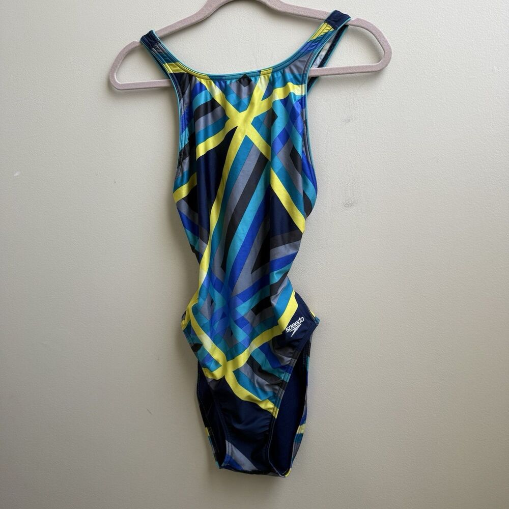 Speedo Blue yellow Laser Stripe Recordbreaker Performance Swimsuit Scuba Size 12